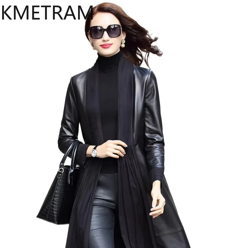 KMETRAM 100% 天然羊皮レザージャケット女性の革のジャケット高品質黒女性コート 2025 秋のファッションロング服ロパ mujer