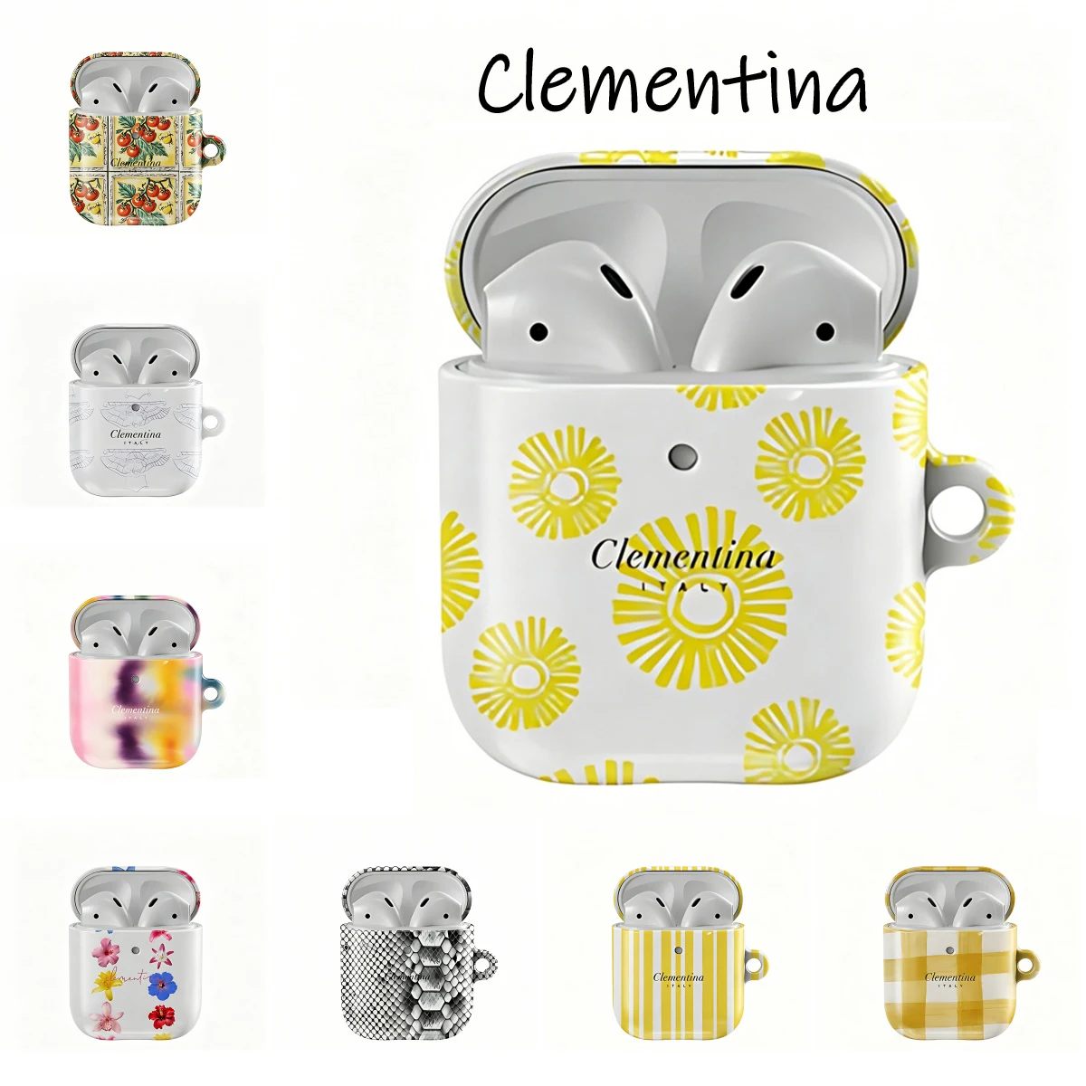 Capa Protetora Brilhante HD de PC Rígido à Prova de Choque Clementina Fiori Gialli para AirPods 1 2 3 Pro Pro2 com Gancho de Metal
