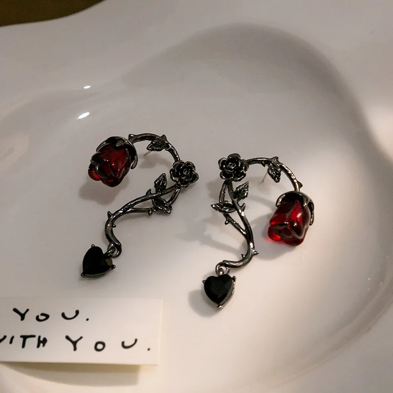 Witch Dark Thorn Vine Red Rose Blossom Earrings for Women Fashion Party Jewelry Accessories Black Rose Dangle Earrings