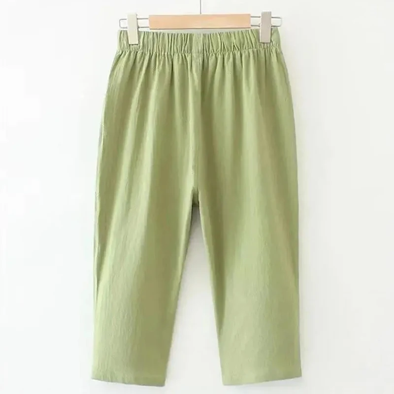 Rimocy Summer Green Cotton Line Pants Women 2023 Loose Elastic Waist Cropped Trousers Woman New Big Pocket Lace Up Casual Pants