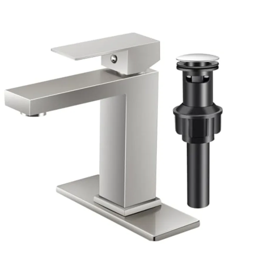

Bathroom Sink Faucet Single Hole Nickel Single Handle Faucet with Pop-up Drain and Deck for 1 Hole or 3 Hole Bathroom Sink Vani