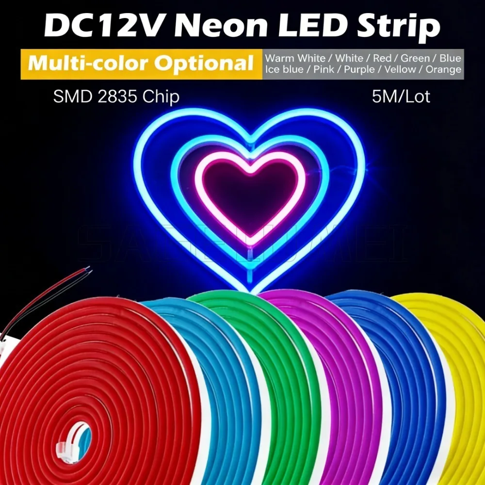12V Neon LED Strip With Power 2835 120LEDs/m Waterproof Orange White Red Green Blue Pink Yellow Flexible Tape for Home Decor 5M view 6