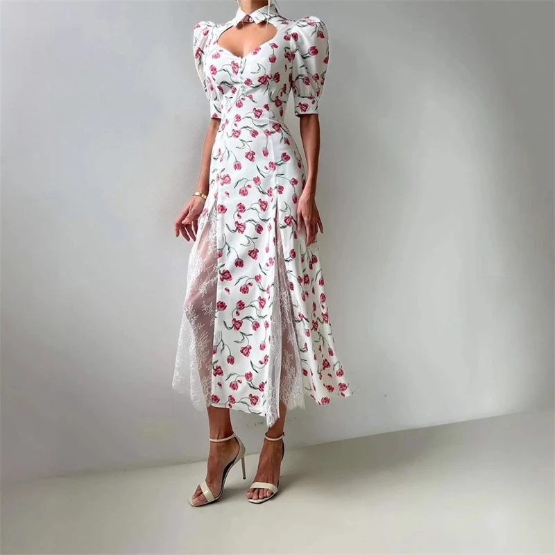 Elegant High เอวดอกไม้พิมพ์ชุดยาวเซ็กซี่ Hollow OUT ชุดลูกไม้สําหรับผู้หญิงฤดูร้อนพัฟแขนวันหยุดชุด 2025