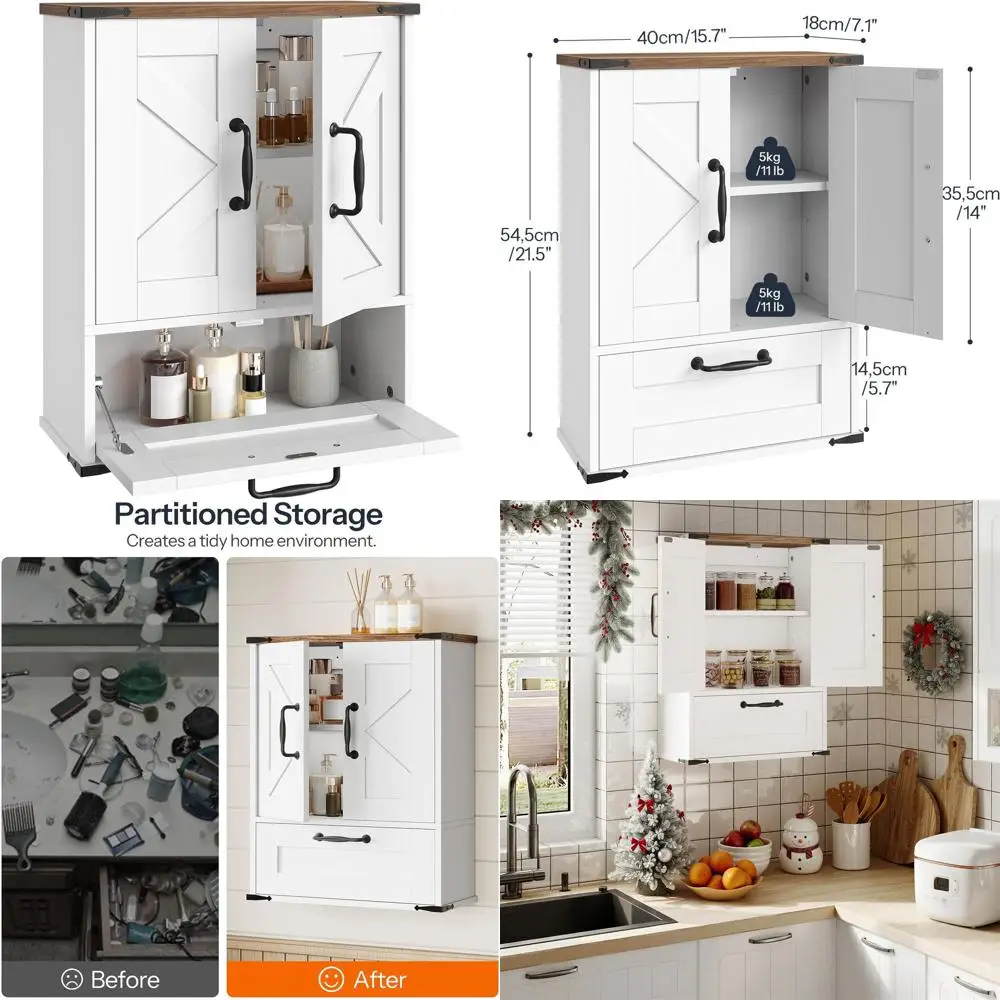 

Adjustable Shelf Wall Cabinet, Drop-Door Medicine Storage, Over Toilet Organizer, Ideal for Small Spaces, White & Walnut Finish