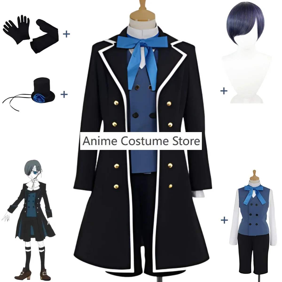 Anime Smile Ciel Phantomhive Cosplay Costume Black Evening Dress Shirt Uniform Wig Adult Man Woman Carnival Halloween Suit