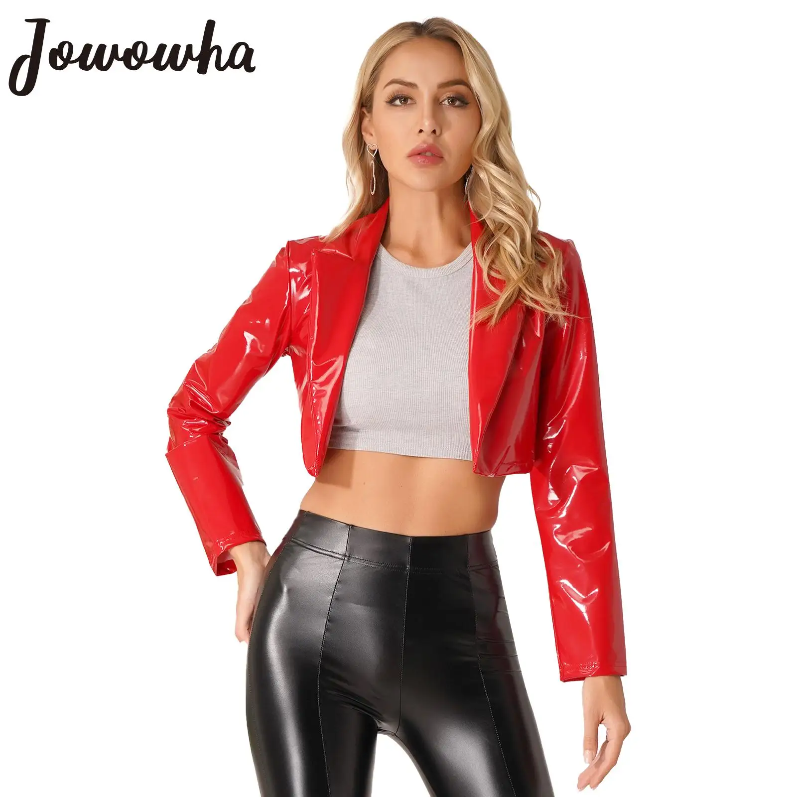 

Womens Fashion Patent Leather Jacket Lapel Long Sleeve Wet Look Cropped Coat Outerwear Rave Party Club Music Festival Clubwear