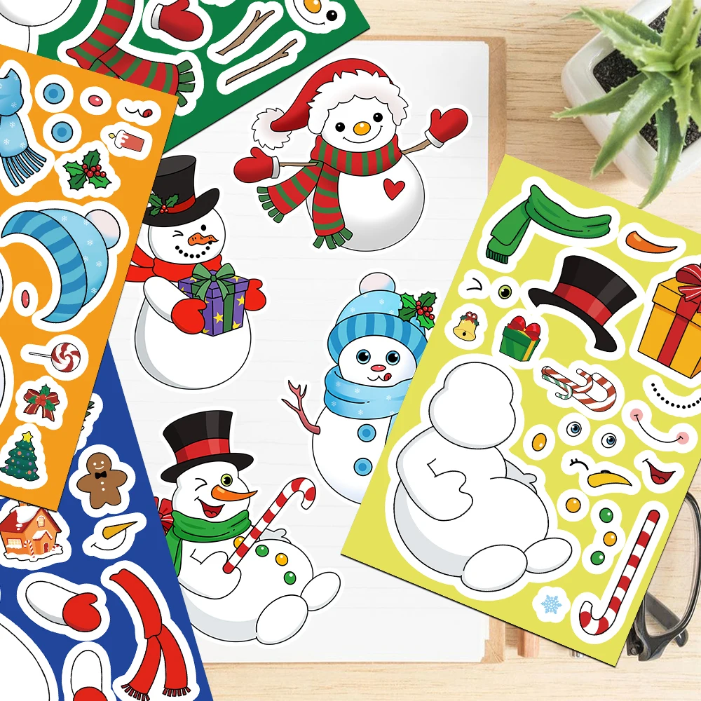 8PCS Cartoon Christmas Cute Snowman Face Changing Assembly Stickers Fun Snowman Decoration Facial Features Hat Scarf Gift