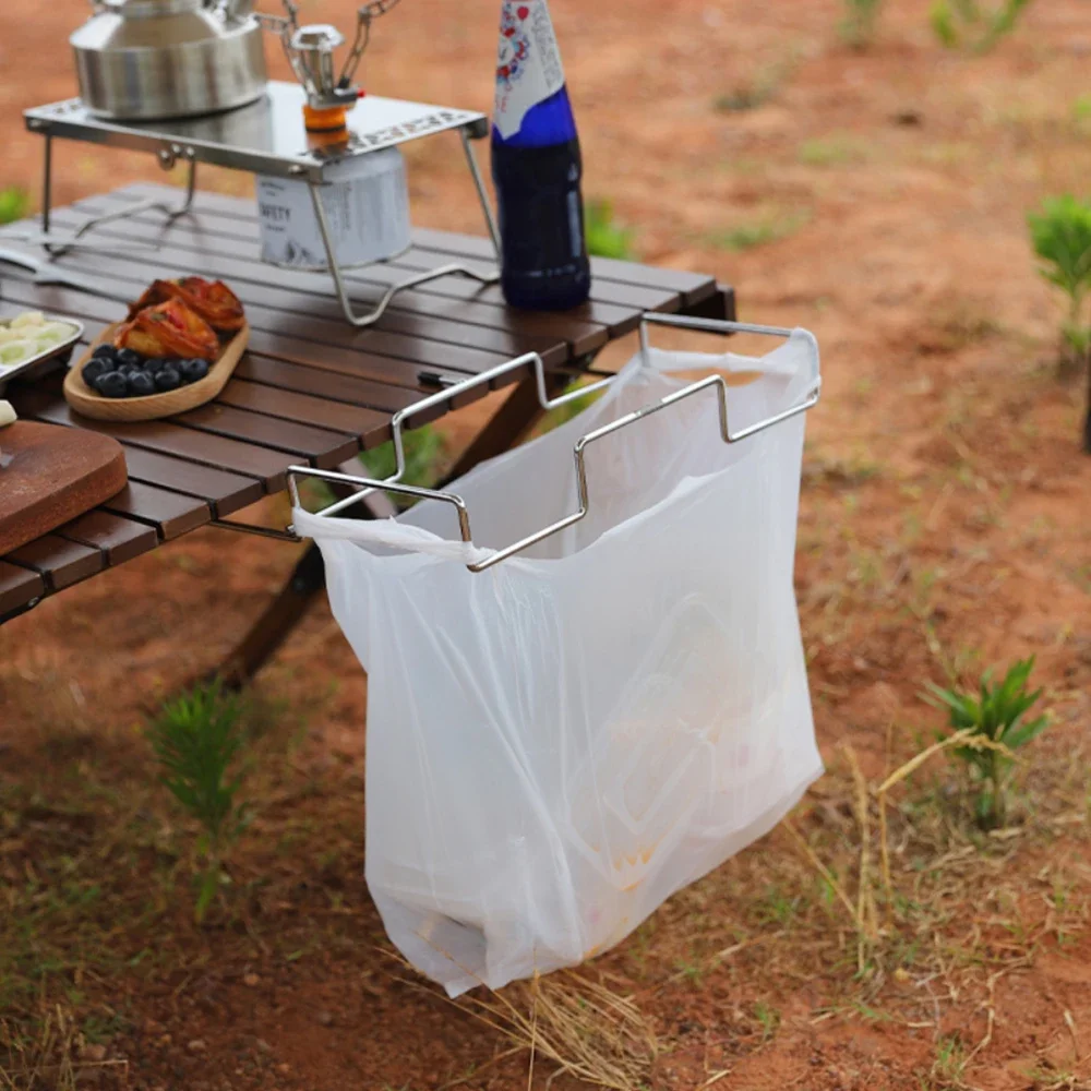 1 قطعة حامل القمامة التخييم الفولاذ المقاوم للصدأ كيس النفايات شماعات طاولة قابلة للطي رف في الهواء الطلق نزهة الشواء الرف قوس أداة #3
