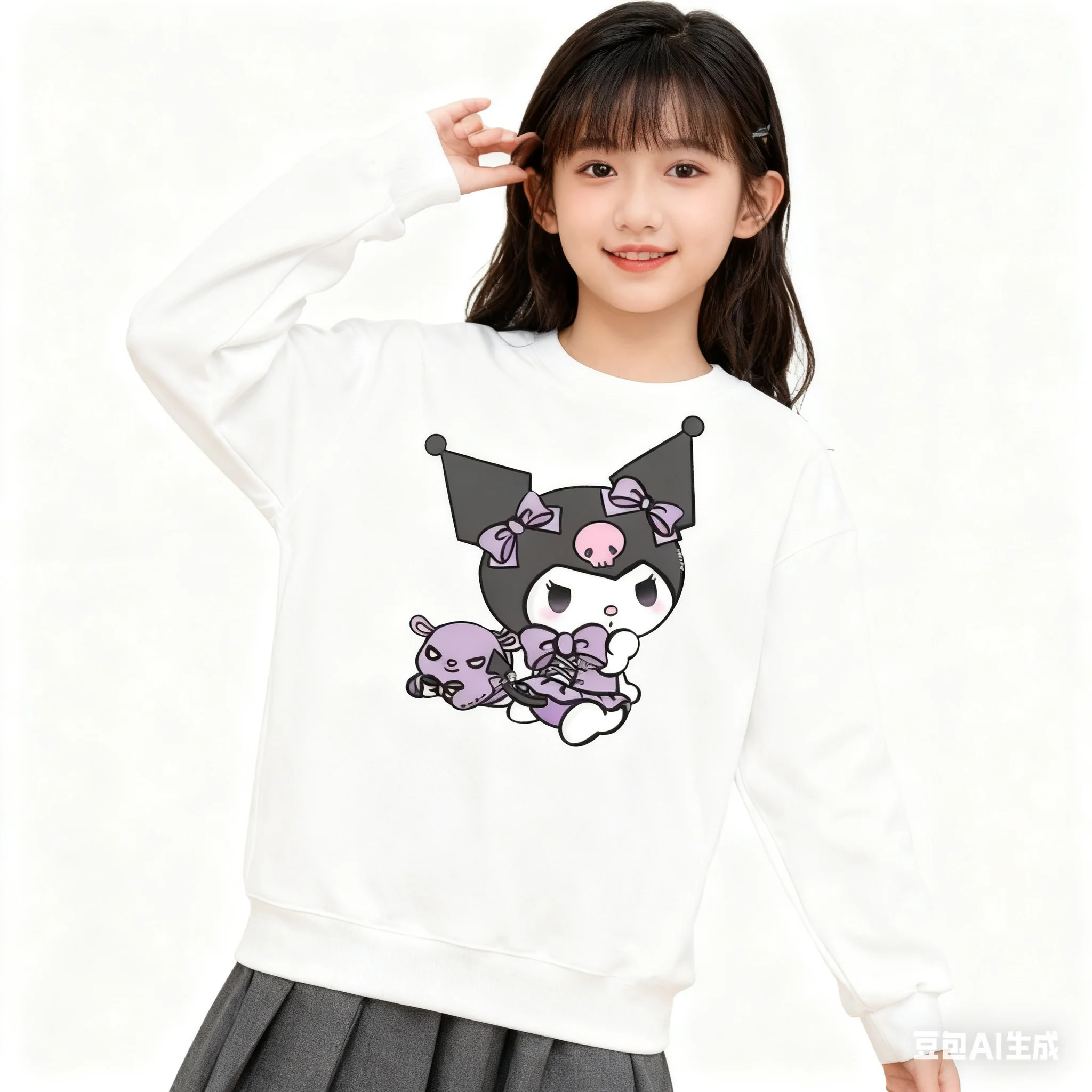 

Sanrio Series Printed Crew Neck Long-Sleeve Top, Cute and Warm Fleece-Lined Crew Neck Long-Sleeve T-Shirt, 100% Cotton