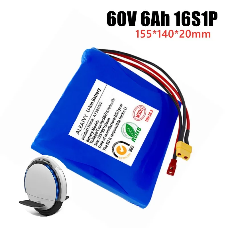 

60V 6Ah 16S1P 18650 rechargeable lithium battery pack with BMS self balancing electric unicycle battery replacement T+XT60 plug