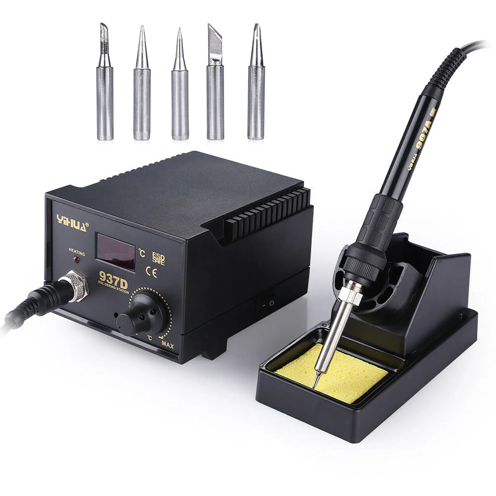 For YIHUA 937D Digital Soldering Iron Station Hot Air Welding SMD Tool Stand W/5 Tips 60W Temperature Control Rework Stations