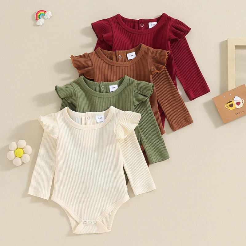 

0-24Months Newborn Baby Girls Bodysuits Spring Autumn Clothes Crew Neck Long Sleeve Solid Color Ruffle Ribbed Rompers