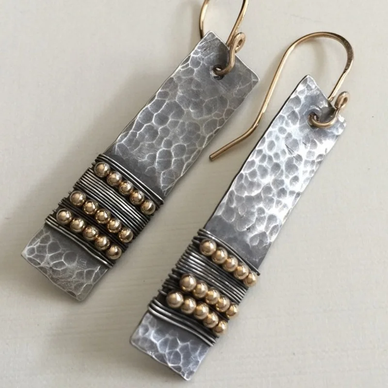 Retro Hammer Patterned Rectangular Dangle Earrings Women's Daily Commuting Creating Metal Earrings Bohemian Style Jewelry