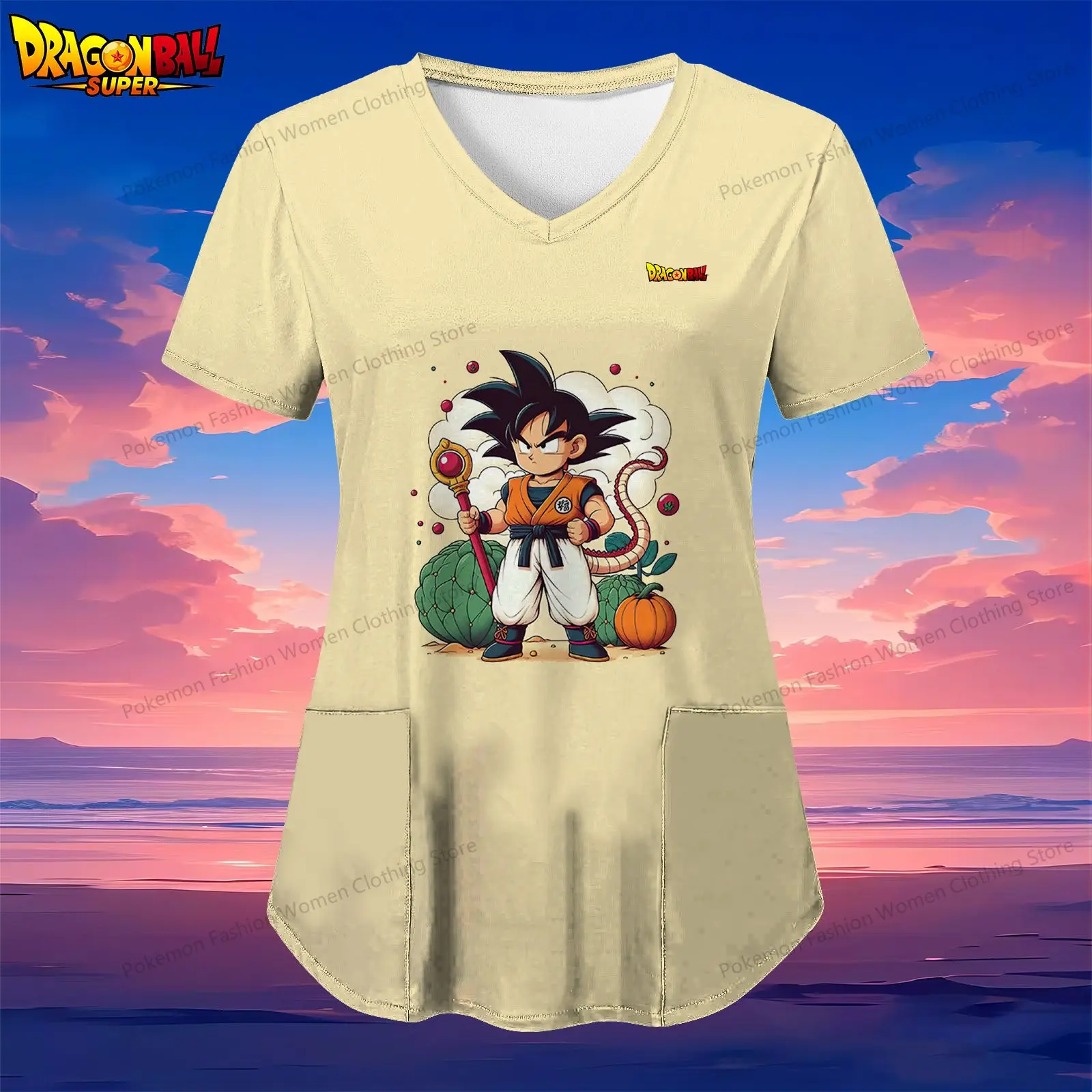 

Pocket Kakarotto Dragon Ball Women's V Neck Nurse Uniform T-Shirt 2024 Anime Summer Short Sleeve Youthful Woman Clothes S-2XL