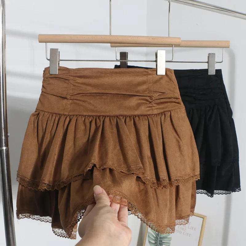 

Autumn New 2025 Women's Imitation Leather Velvet High Waist Cake Pleated Skirt Y2k Skirt