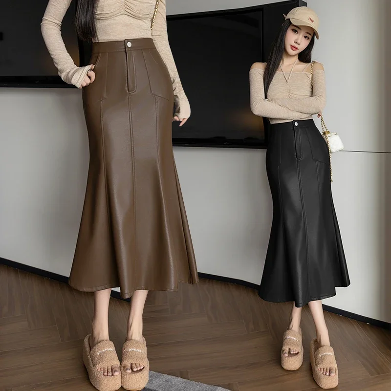 Vintage hoge taille PU lederen rokken voor dames herfst winter nieuwe modieuze fishtail gewikkeld kokerrokken vrouwelijk