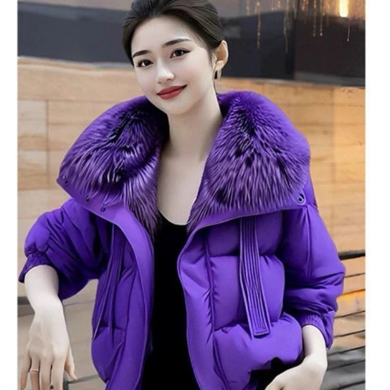 

High-end Purple Thermal Jacket Fur Collar Cotton Clothes Women's Clothing 2025 Spring New Thickened Casual Parkas High Street