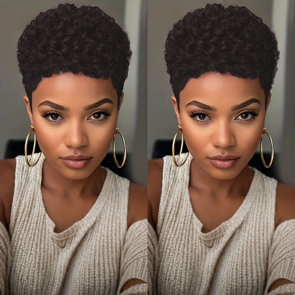 ความหนาแน่น 150% 4 นิ้วเต็มรูปแบบทําวิกผมสั้น Afro Curly วิกผมผมมนุษย์ Afro วิกผมสั้นสําหรับผู้หญิง Pixie ตัดวิกผมผมมนุษย์