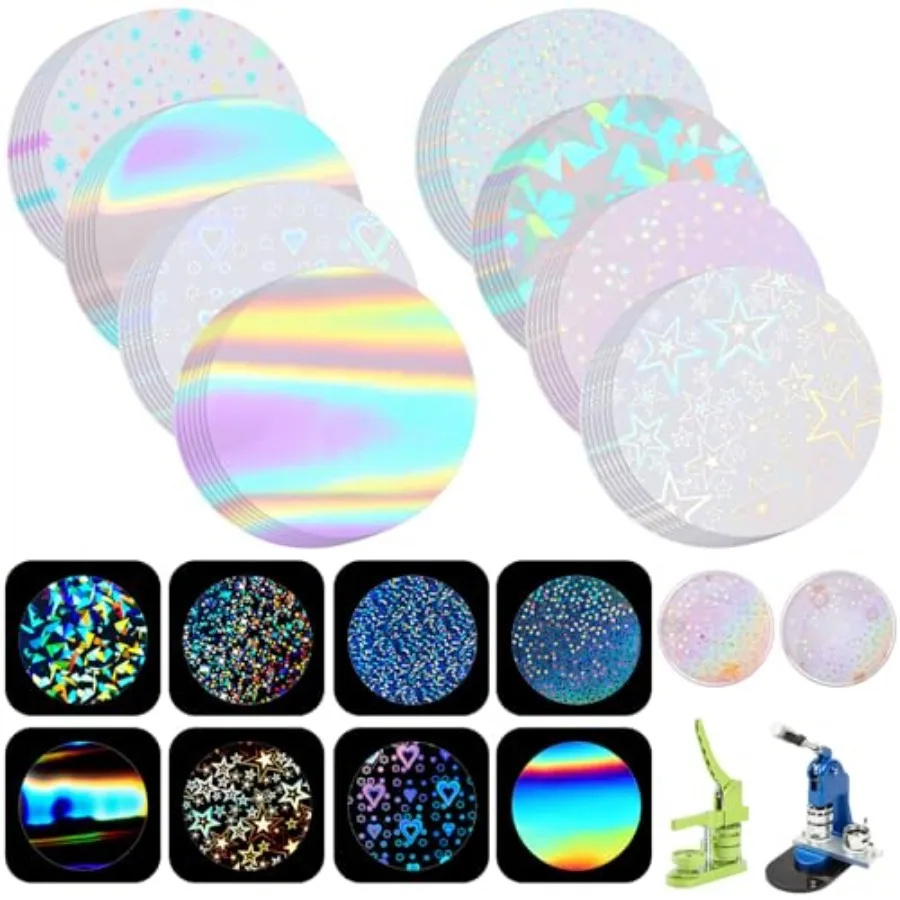 

200 Pcs Badge Protective Film 70mm 2.76 in 8 Styles of Holographic Glitter Badge Film for 2.25 Inch 58mm Button Maker Machine 5
