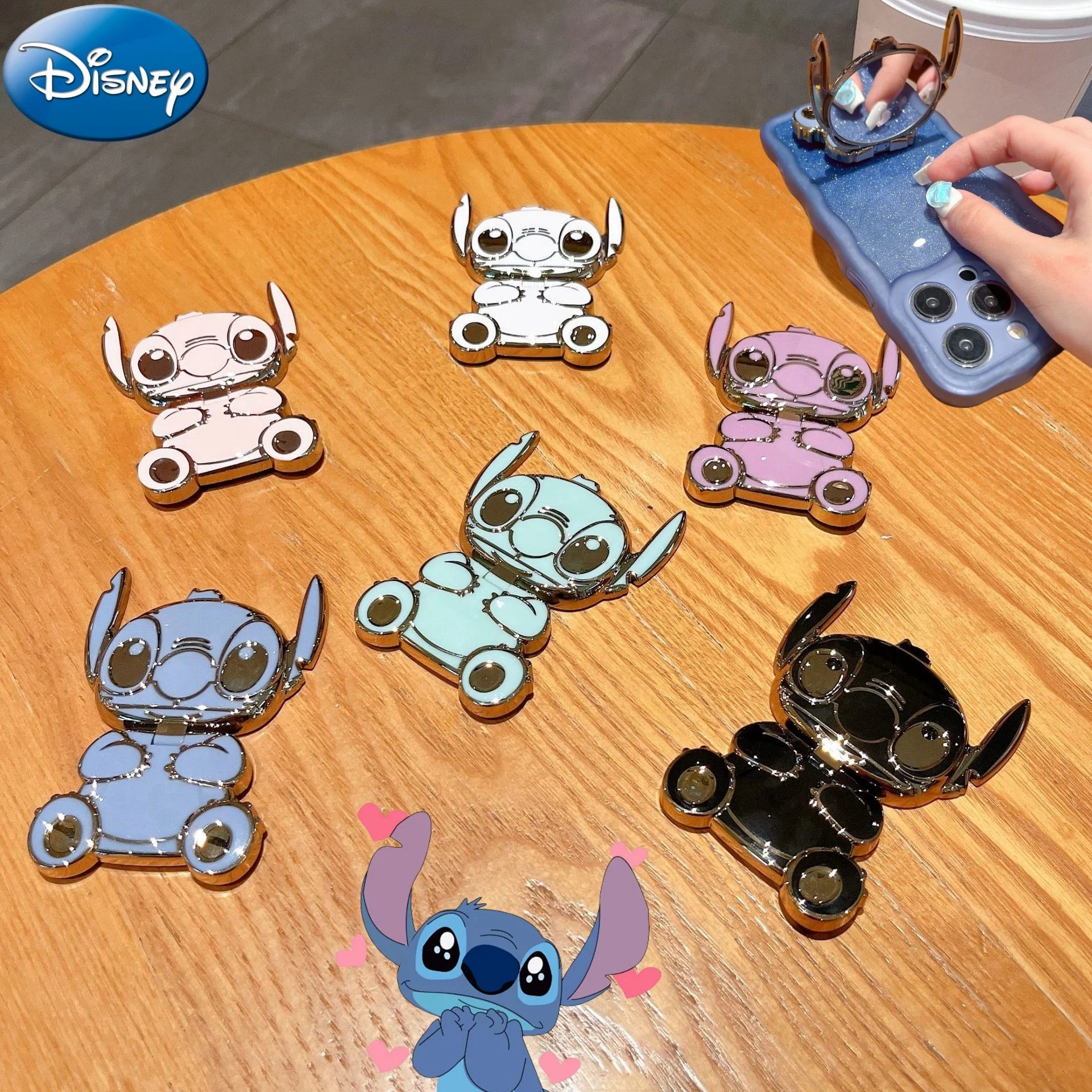 Kawaii Stitch Disney Anime Model Mobile Phone Holder Accessories Stitch Toys Foldable Mirror Phone Case Holder Boys Girls Gifts