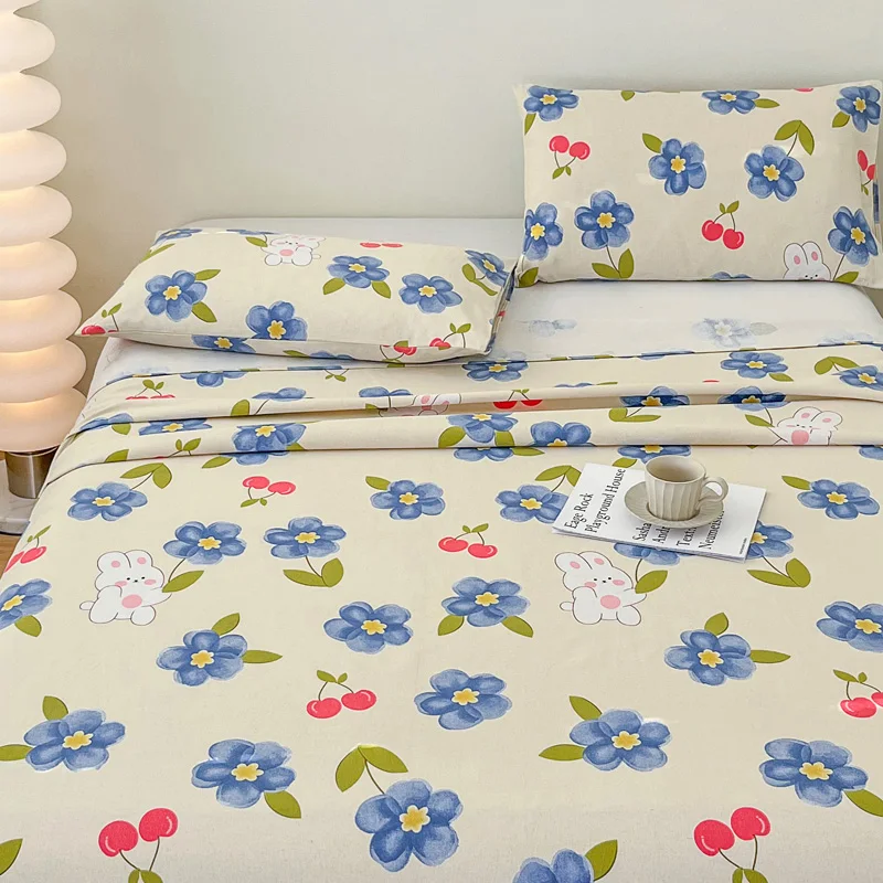 Cartoon Rabbit Blue Flowers Flat Sheet Cute Cherry Bunny Bed Sheet Spring Floral Bedding Sheets Cotton Sheets with 2 Pillowcases