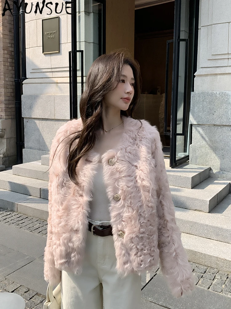 AYUNSUE 2025 سترة شيرلينغ امرأة لينة خفيفة سترات من الصوف الطبيعي للنساء ملابس قصيرة عالية الجودة الفراء سترة Abrigo Mujer