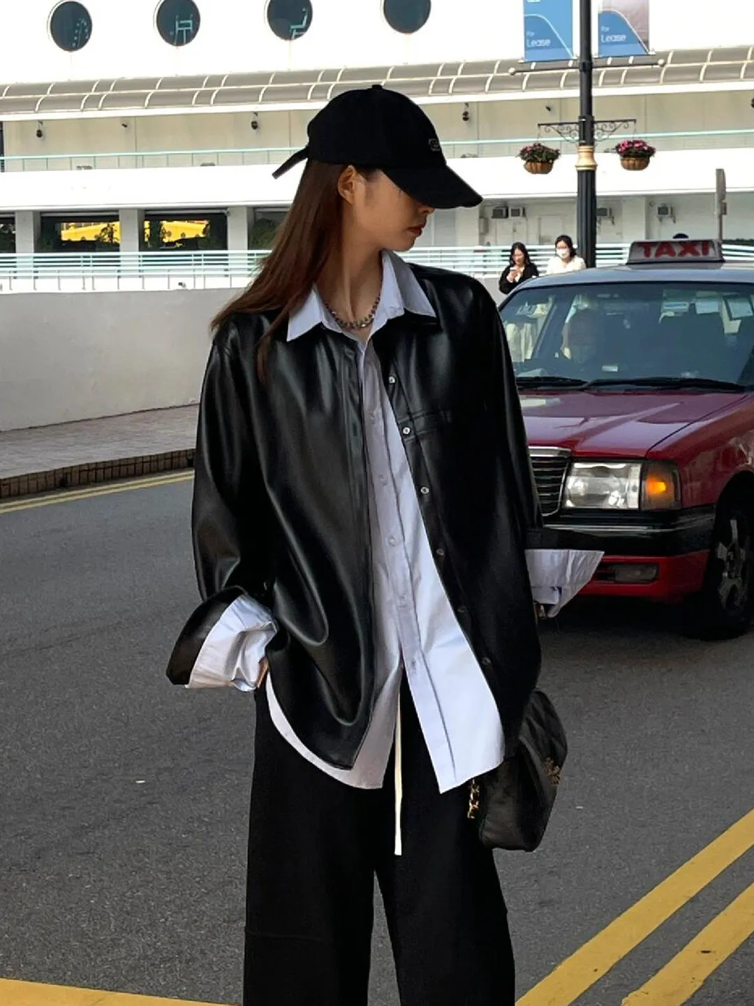 

Cool And Sli American Loose Jaet Women's Early Spring Bla Leather Coat Outerwear Casual Long Sve Mid-Length