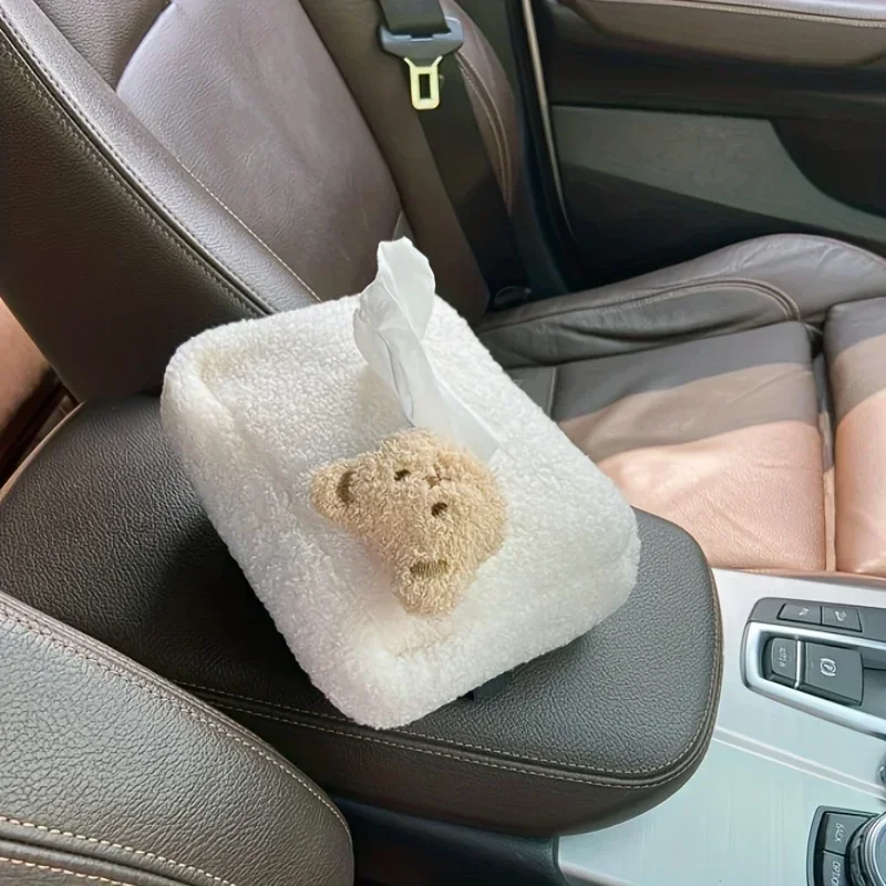 Caja de pañuelos de coche de felpa de oso lindo, diseño cuadrado suave portátil para una fácil recarga y encanto estético, accesorios interiores de coche