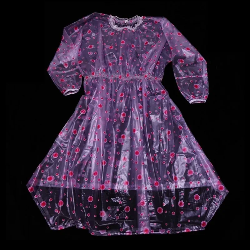 

PVC Transparent Sexy Big Polka Dot Long Sleeved Lace Round Neck Soft Silent ABDL Waterproof Loose Raincoat