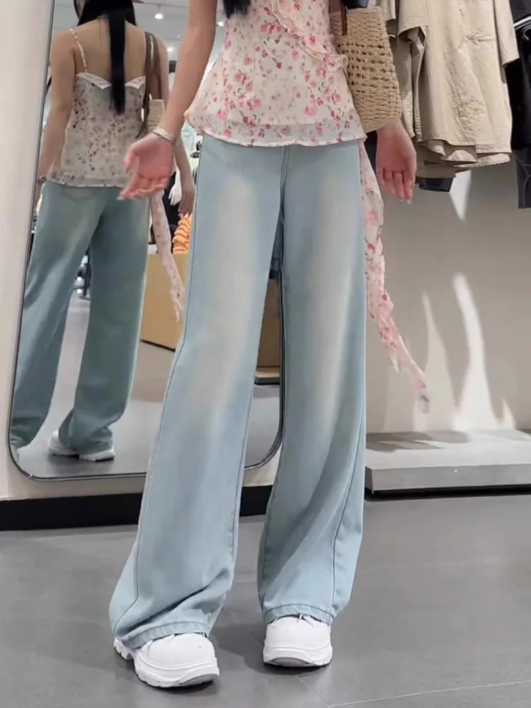 جينز حريري عالي الخصر وواسع الساق للنساء بنطال جينز ضيق مستقيم وفضفاض من الحرير الجليدي للخريف مقاس كبير جينز رقيق المظهر