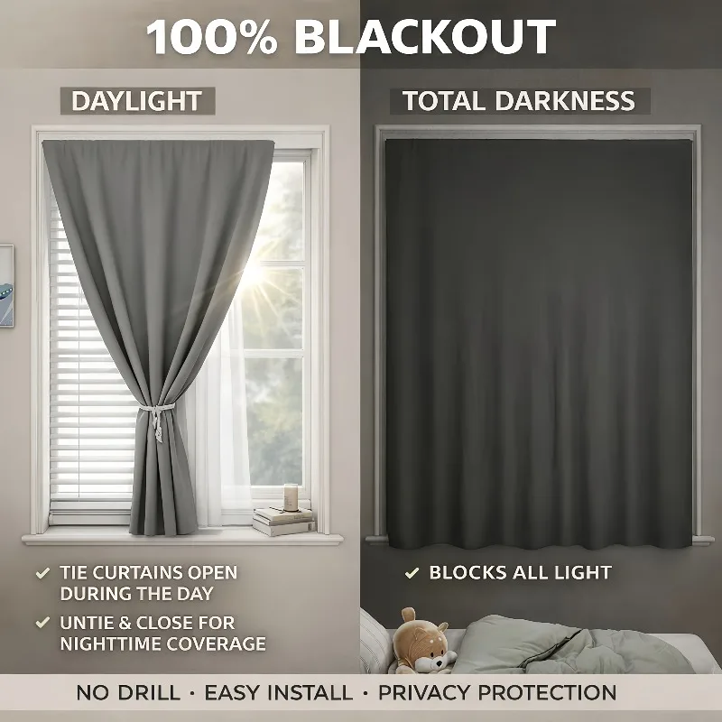 1 PCS of 100% Blackout Curtain, Non Perforated Magic Tape Self-Adhesive Curtain, Heat-Insulating Blackout Bedroom Curtain