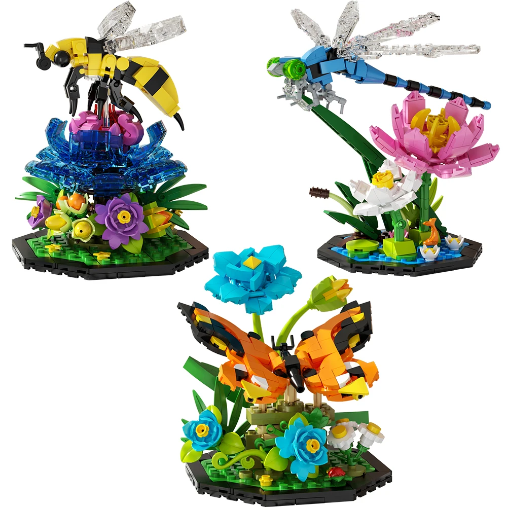 Gobricks MOC Honeybee Butterfly Dragonfly Bricks Cute Model Bee Garden DIY Building Blocks Set Educational Toys For Kids Gift