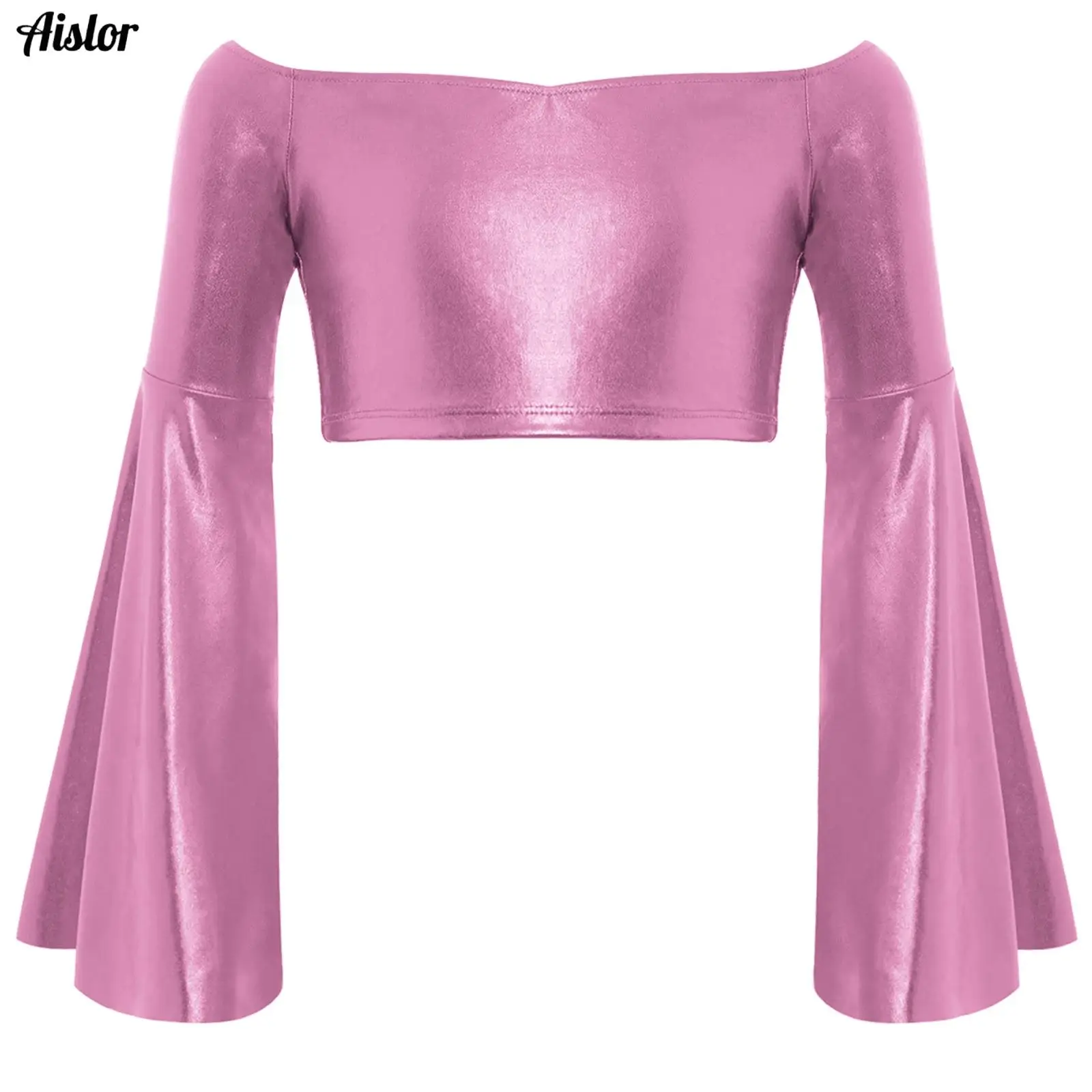 

Kids Girls Shirt Jazz Dance Top Long Flared Sleeve Off-Shoulder Shiny Metallic Crop Top for Party Stage Performance Dancewear