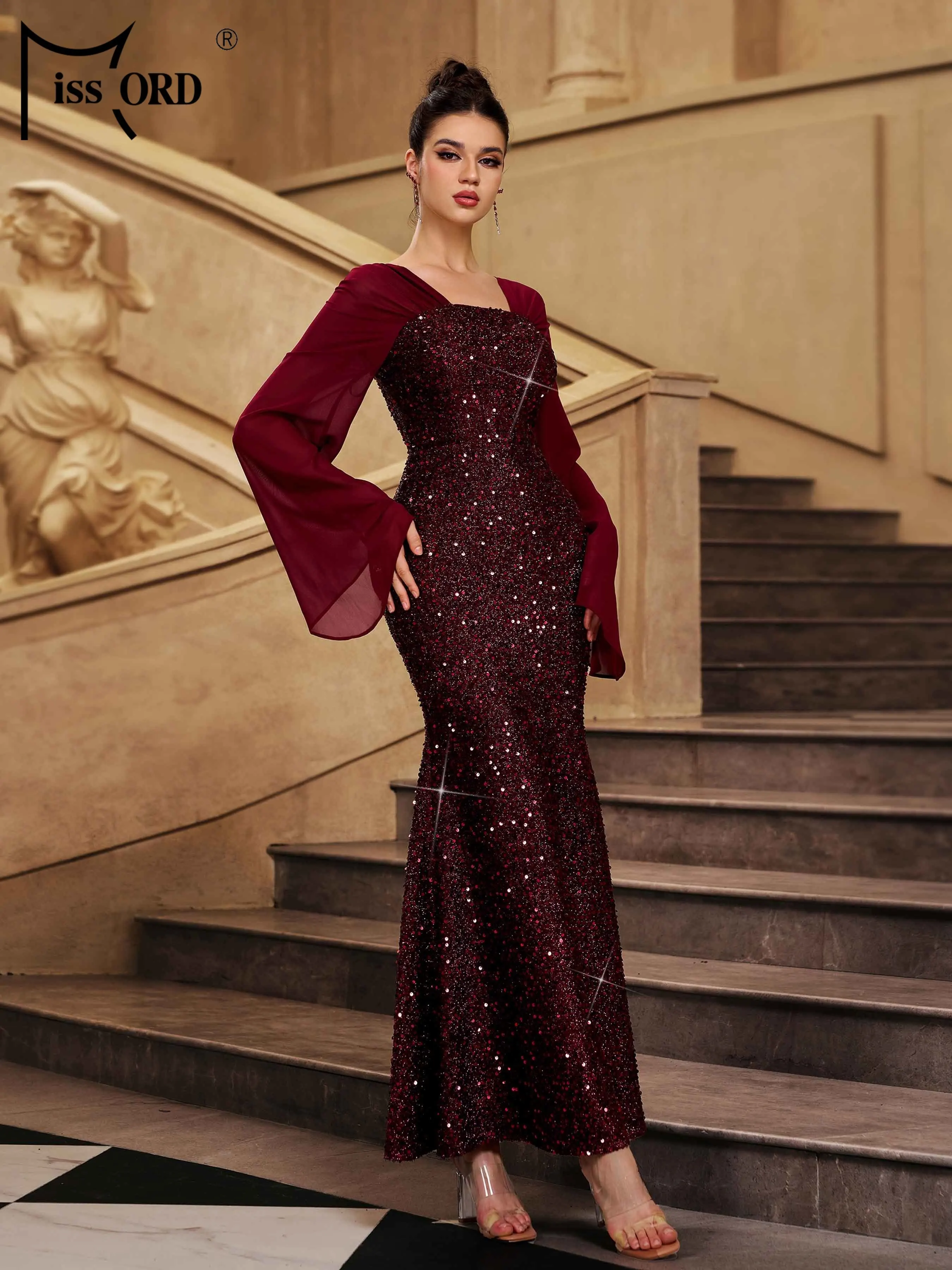 Missord nouveau 2025 église col carré manches évasées paillettes sirène robe de soirée de mariage fête d'anniversaire remise des diplômes robes Maxi