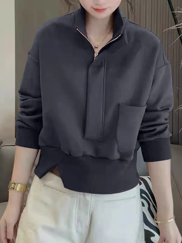 Felpa con Cappuccio Taglie Forti con Zip, Collo Alto, Moda Autunno Inverno, Top Ampio e Snellente, Stile Coreano