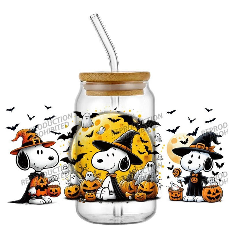 الأشعة فوق البنفسجية DTF نقل ملصق سنوبي سلسلة الهالوين ل 16 أوقية Libbey نظارات يلتف الزجاجات يمكن DIY بها بنفسك الشارات المخصصة للماء