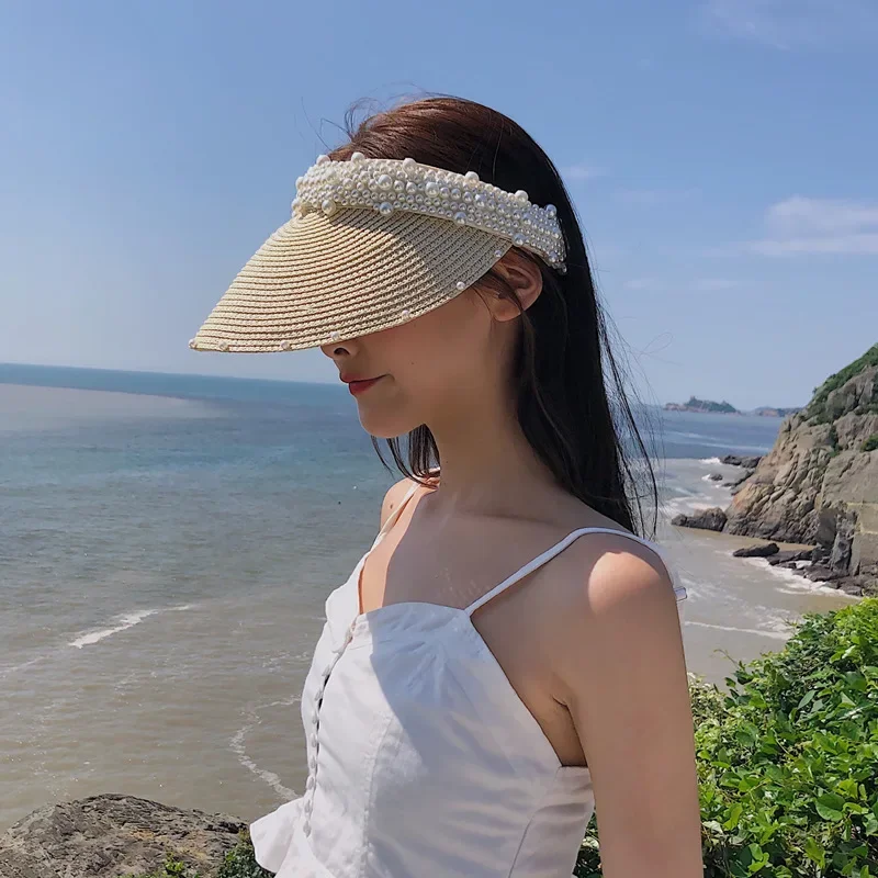 

Women Casual Summer Beach Empty Top Straw Hats, Wide Large Brim Sun Protection Outdoor Sports Visor Caps for Imitation Pearl