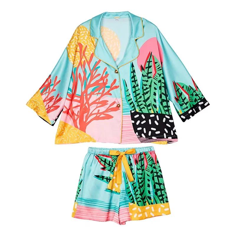 2024 New Fashion Ladies High Quality Set Hand-painted Art Tropical Plant Pajamas Silk Like Shorts Home Clothes Pajamas Home