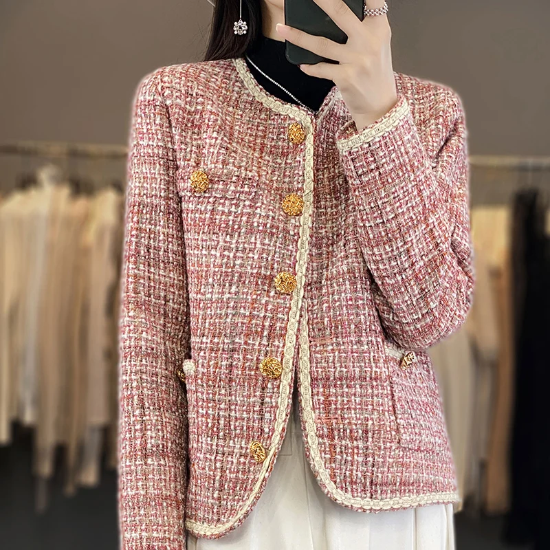 Autumn Winter Women Round Neck Woolen Coat Women Fashion Casual Knitted Cardigan Chic Button Short Tweed Soft Jacket