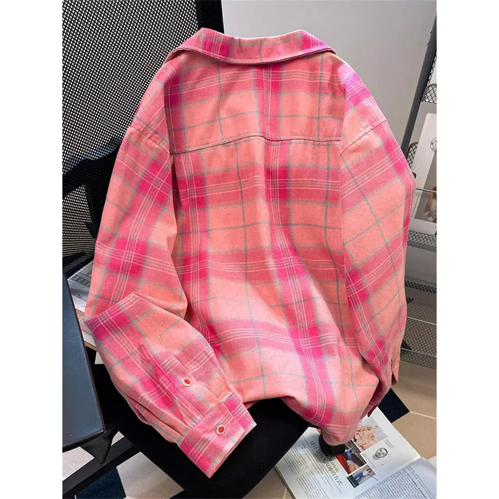 Sweet and Spicy Dopamine Pink Strap Plaid Shirt Jacket for Women\'s Spring New Design Loose Long Sleeved Shirt Top