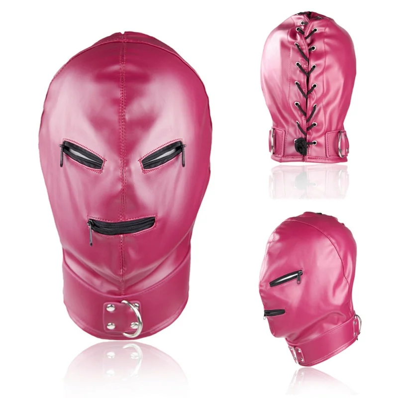 Adulto Sexy cuoio dell'unità di elaborazione testa Bondage cappuccio maschera uomini Cosplay costumi del partito copricapo cerniera occhi aperti bocca accessori discoteca