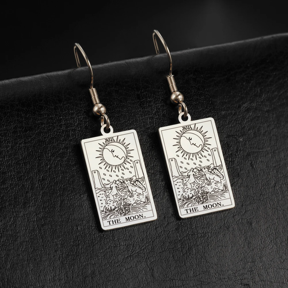 Classic Tarot Cards Stainless Steel Drop Earring for Women Sun Moon Star Lovers Divination Tarot Jewelry Valentines Day Gift