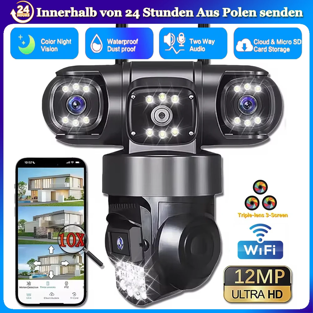 WiFi IP-Kamera 12MP 6K Dreifach-Objektiv Outdoor CCTV Videokamera Sicherheitsschutz Farbnachtsicht Bewegungserkennung Haussicherheit Überwachung V380 Pro Kameras