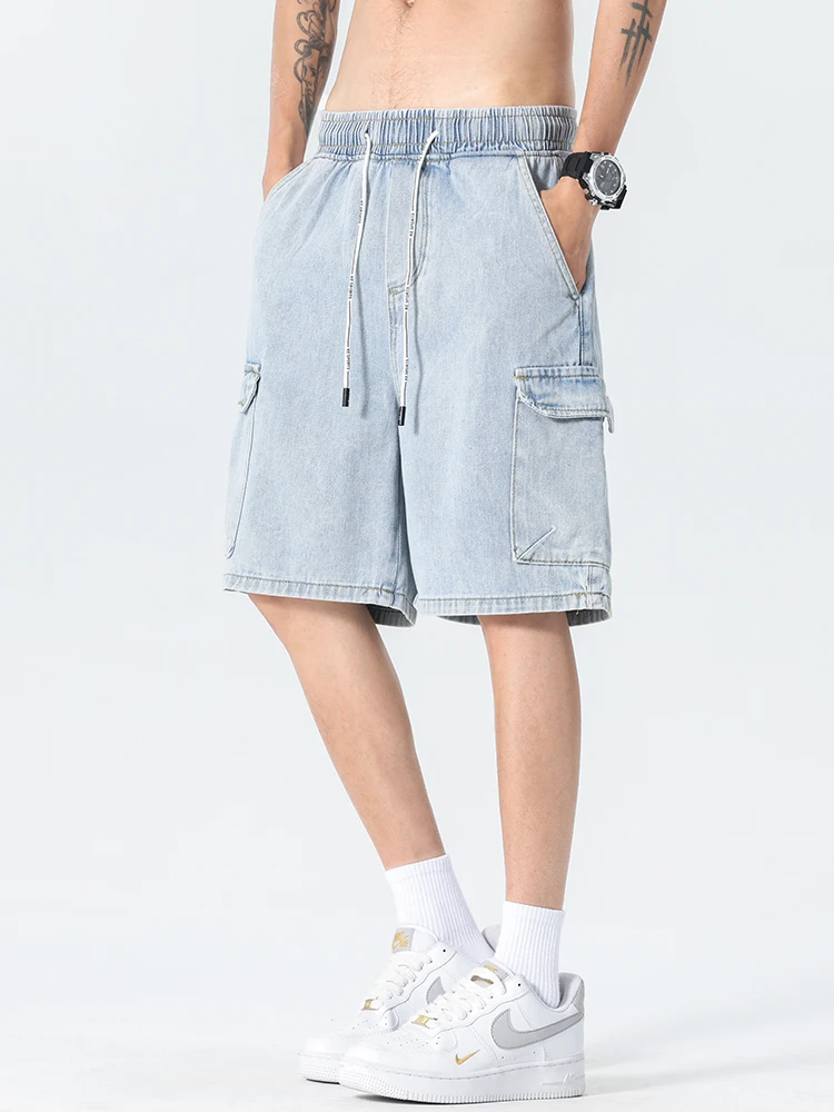 جديد الصيف الرجال الدنيم السراويل الضوء الأزرق موضة متعددة جيب فضفاض عادية البضائع السراويل الرجال 92% القطن مستقيم جينس قصير #6