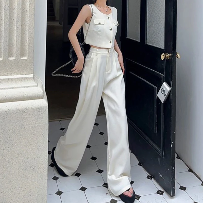 Two-piece female 2024 summer new Korean fashion sleeveless vest top+high waist straight wide-leg pants suit