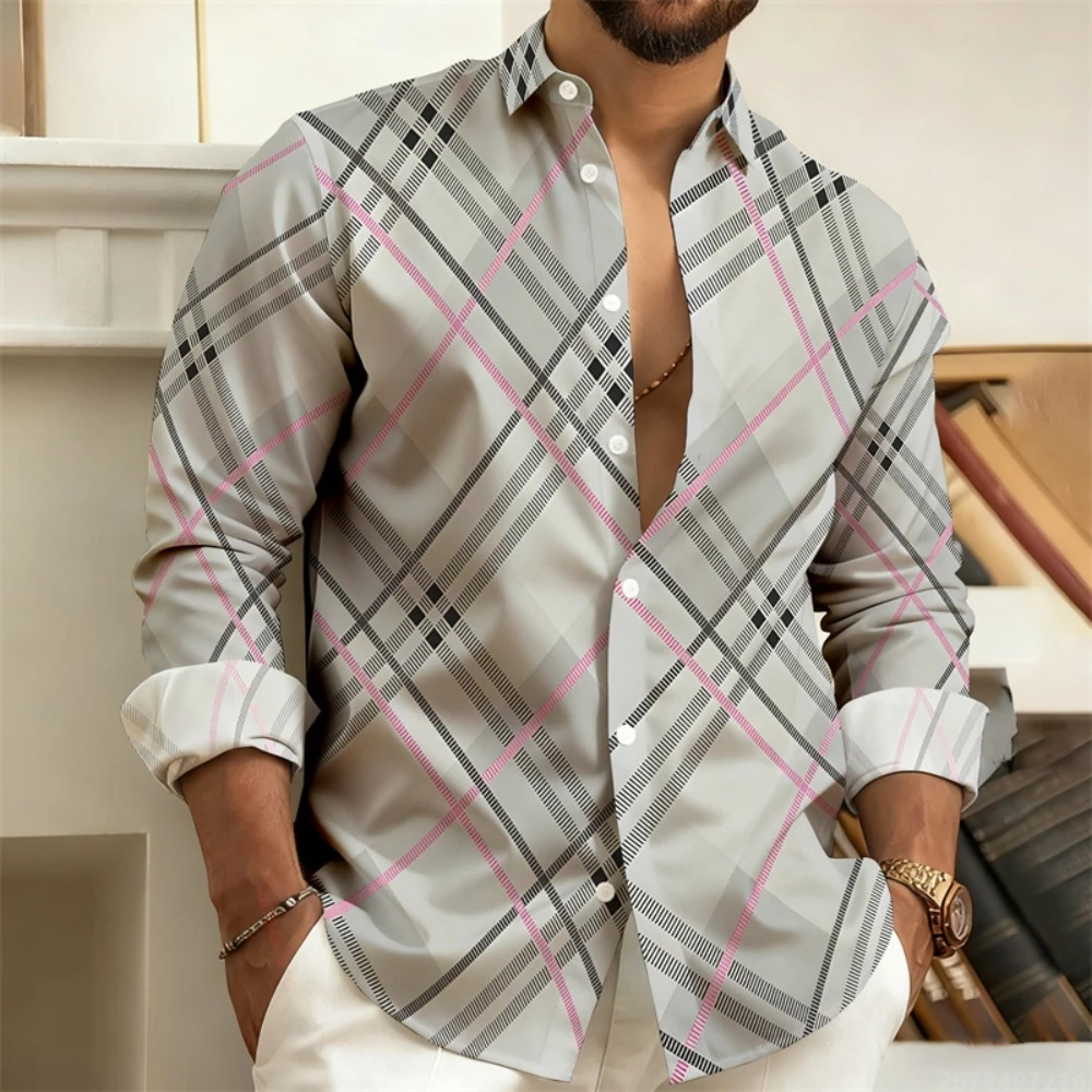 

New Men's Shirt Olor Blocking Geometric Stripes 3D Printed Long-Sleeved Casual Outdoor Street Fashionable Versatile Men's Tops