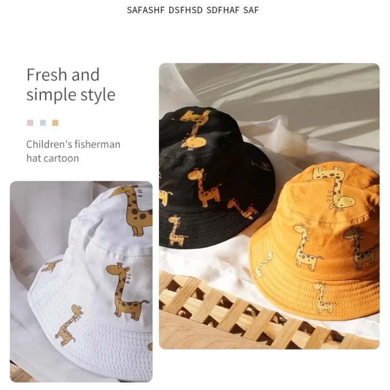 Summer Sun Protection CHILDREN\'S Fisherman Hat Cartoon Print Giraffe Flat Top Hat for Boys and Girls Korean Version Cute Basin