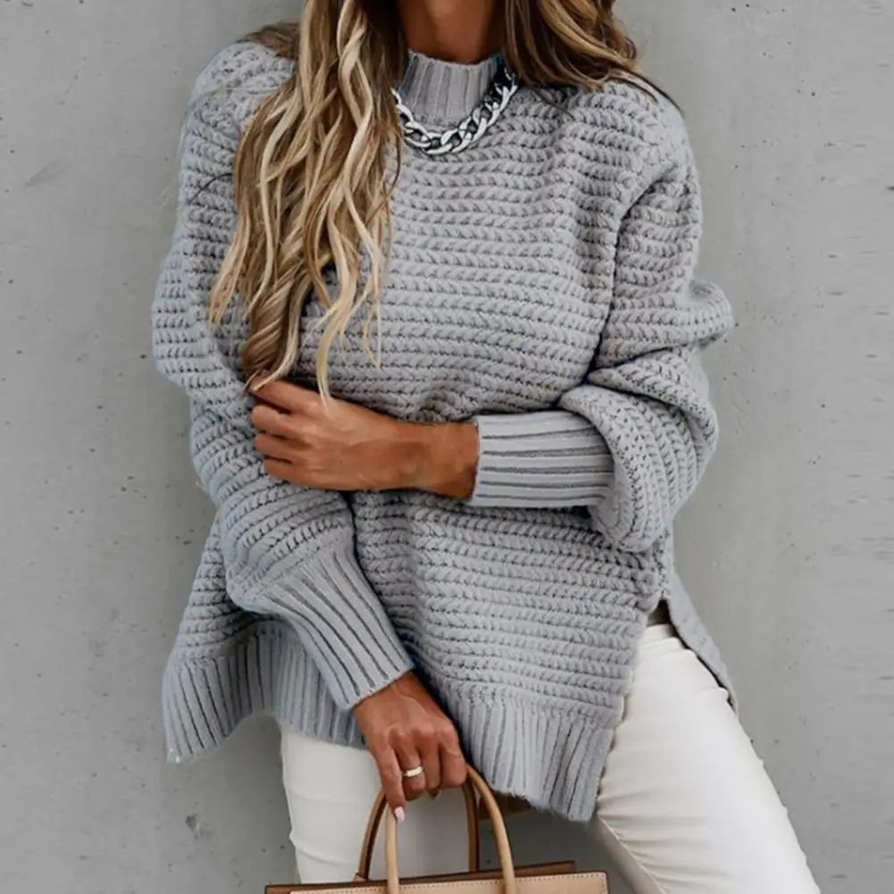 Women Sweaters Knitted Loose Solid Pullovers Regular Full Sleeve Thick Splice Jumpers Round Neck Casual Top 2024 Autumn Winter