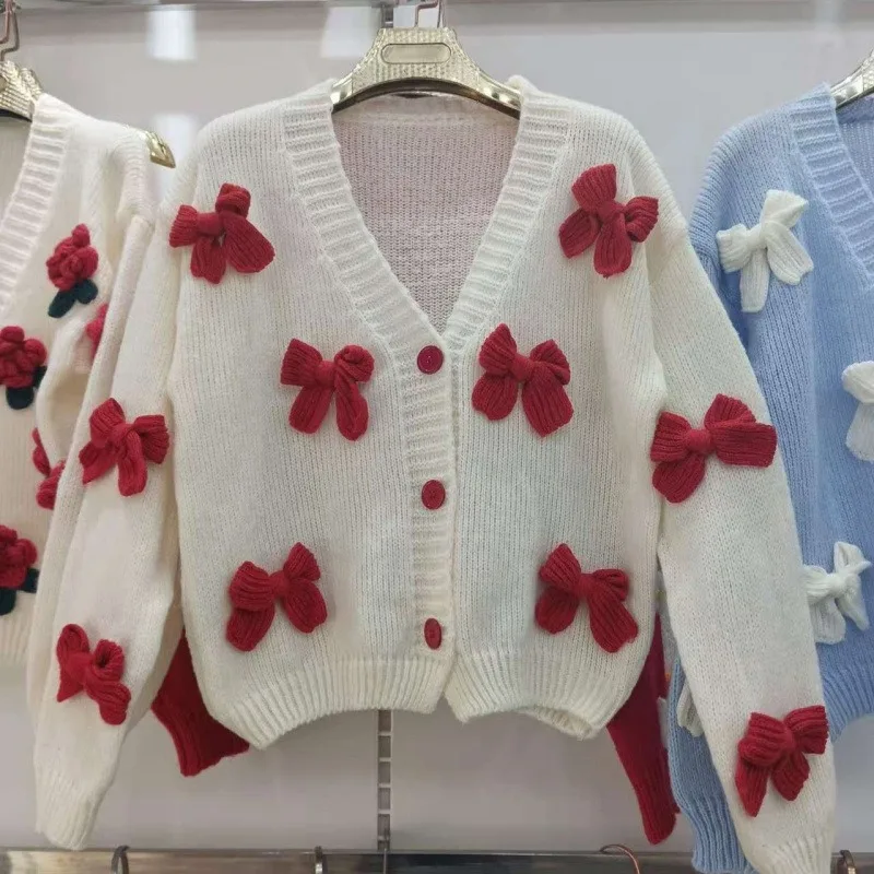 Autumn  Winter Knitted Cardigan Loose Three-dimensional Bow, Loose V-neck Long-sleeved Sweater for Women V Neck Cardigan Style