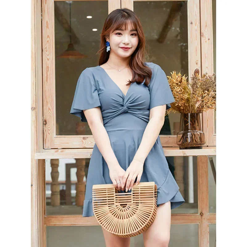 Swimsuit Women Korea Style - New Big Size V-neck One-piece A-line Dress, Conservative Rash Guard Beach Wear